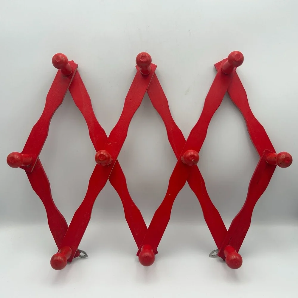 Accordion Wooden Cottagecore Farmhouse Expandable 10 Peg Wall Hanger Red Vintage